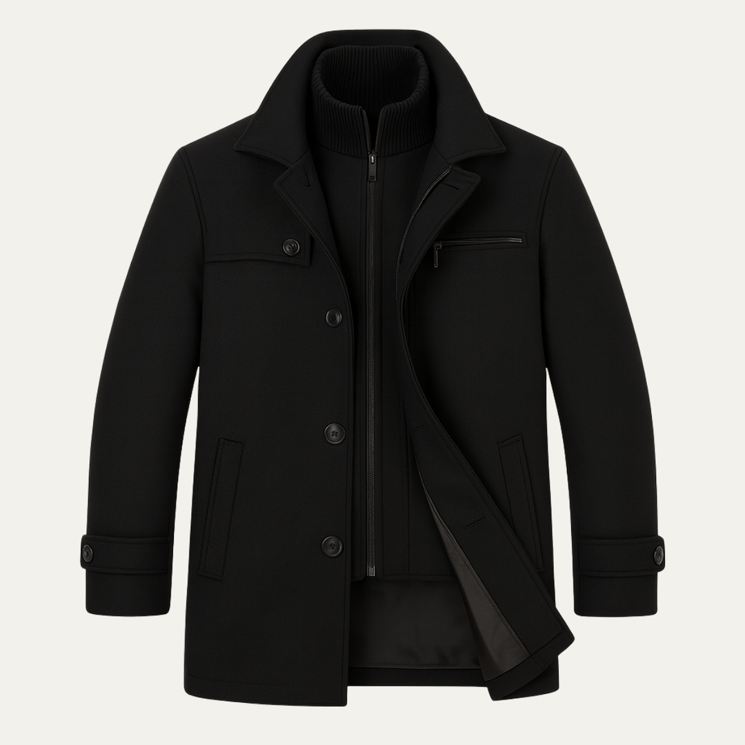Men's structured winter coat with high collar, button and zip front, pockets and adjustable cuffs