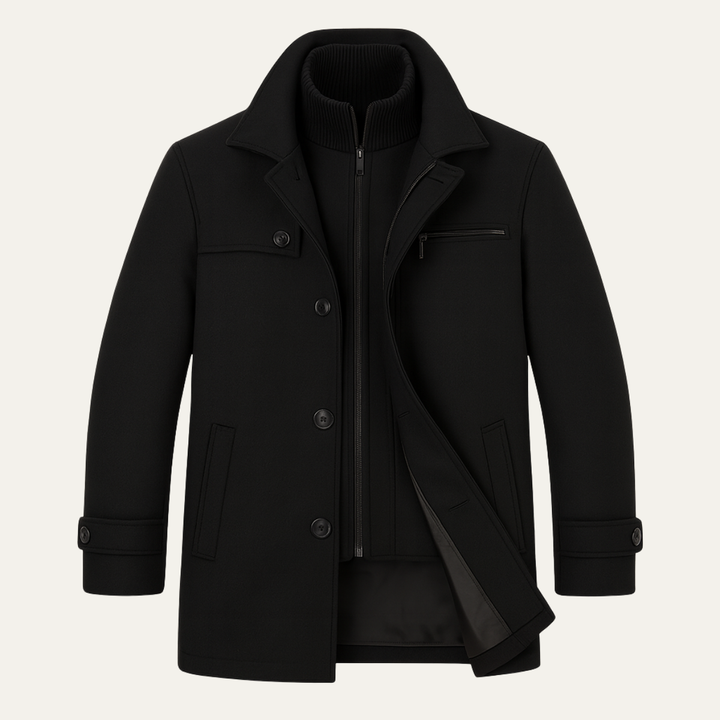 Men's structured winter coat with high collar, button and zip front, pockets and adjustable cuffs