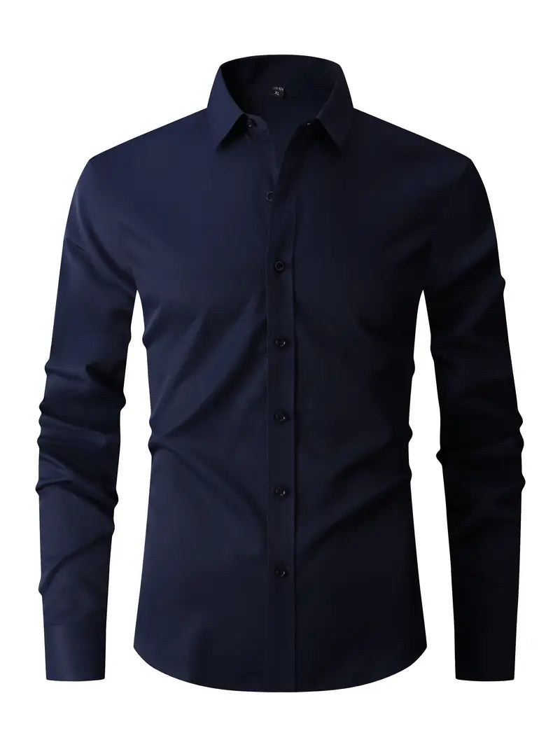 Men's fitted long sleeve shirt with point collar and button front in white