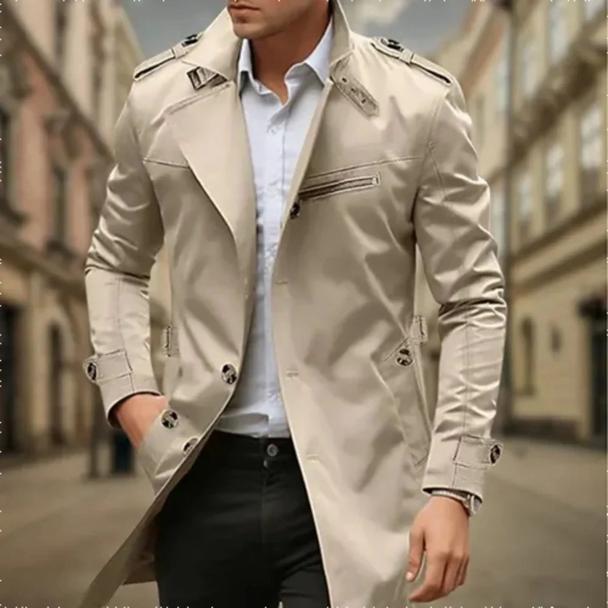 Men's classic double-breasted trench coat with long sleeves