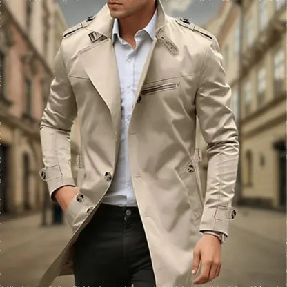 Men's classic double-breasted trench coat with long sleeves