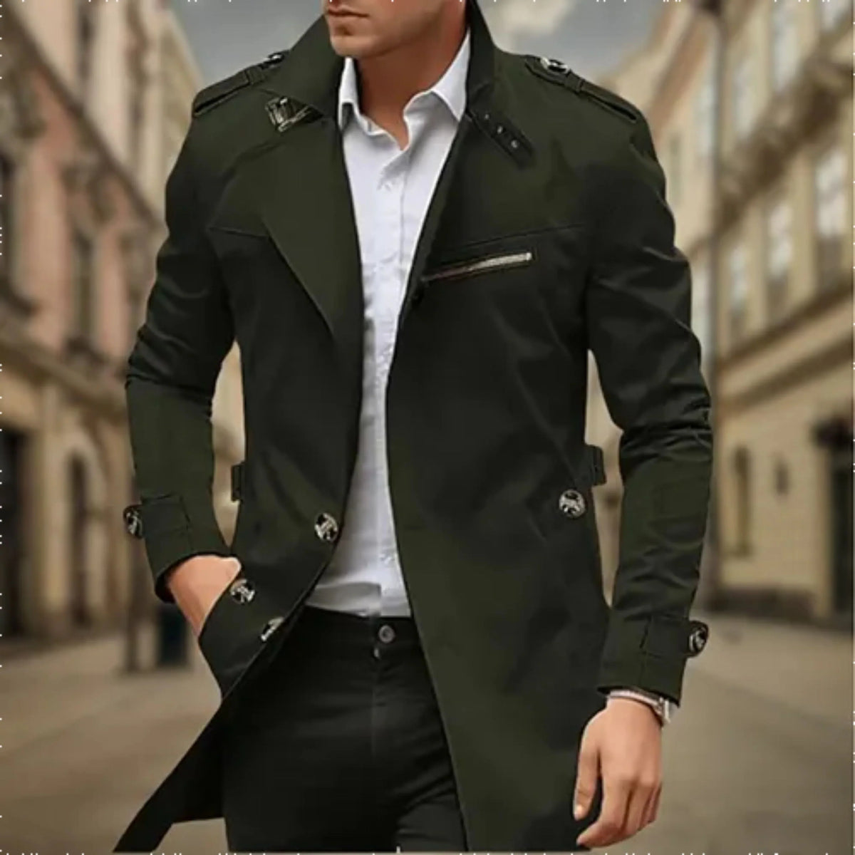 Men's classic double-breasted trench coat with long sleeves