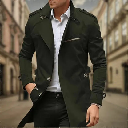 Men's classic double-breasted trench coat with long sleeves