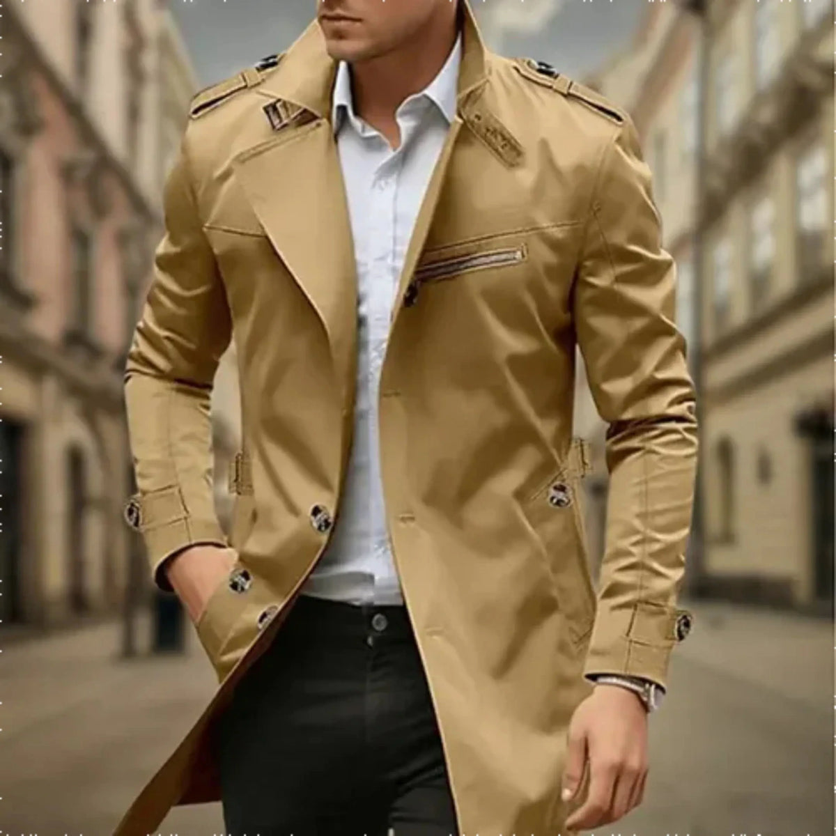 Men's classic double-breasted trench coat with long sleeves