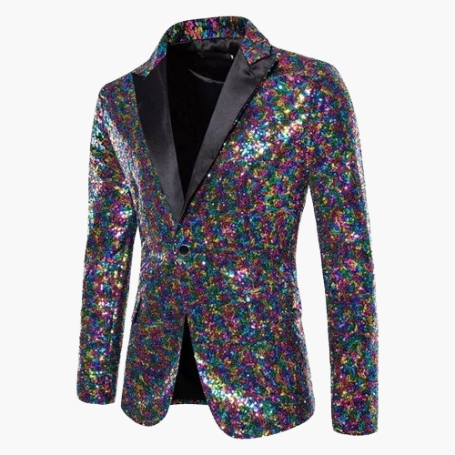 Men's geometric diamond sequin blazer with peaked lapels and long sleeves