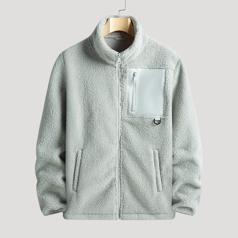 Men's textured fleece jacket with high collar, full zip and chest pocket