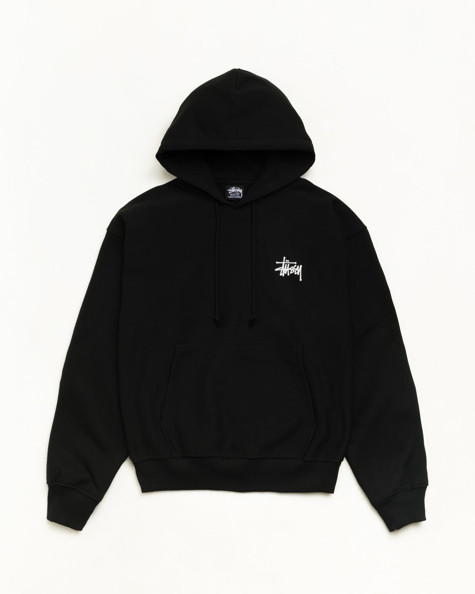 Men's black Stüssy hoodie with large white logo graphic on back and small chest logo, drawstring hood