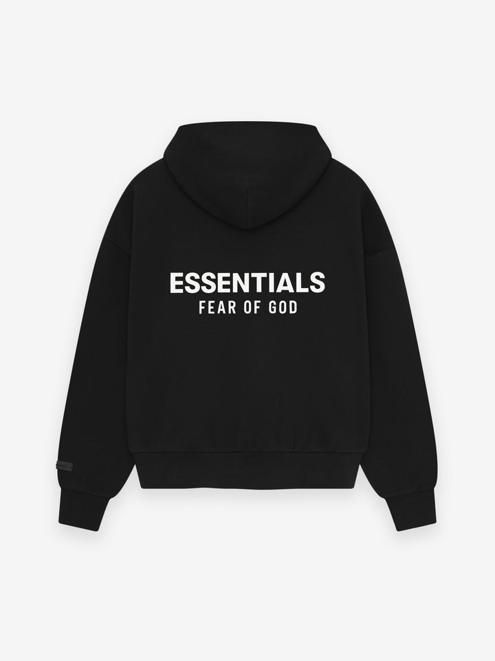 Black pullover hoodie with kangaroo pocket and back text graphic