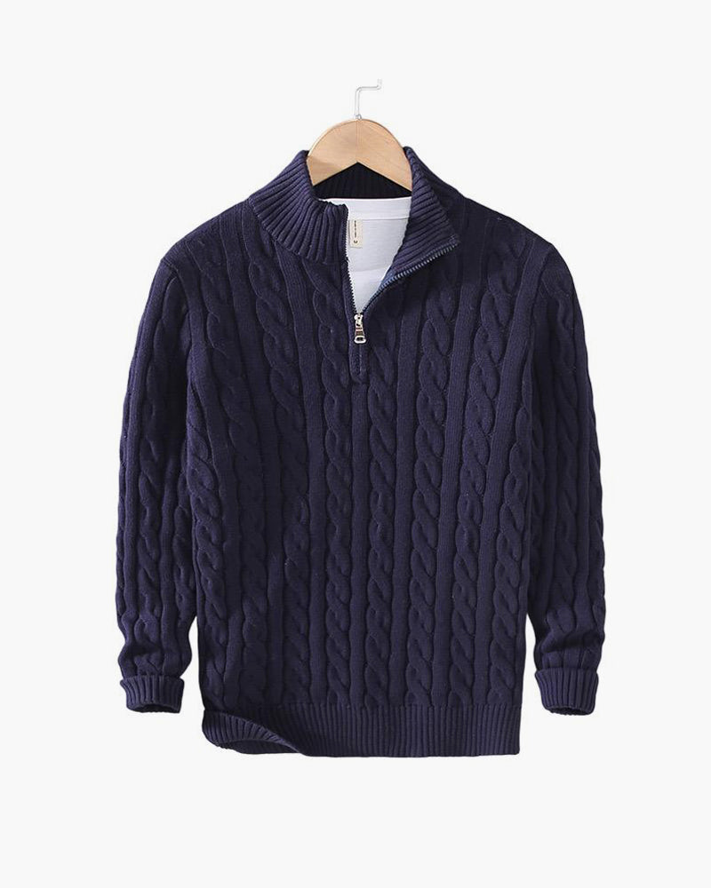 Men's cable knit quarter-zip sweaters in navy and gray