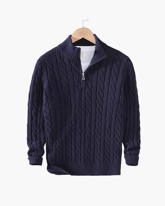 Men's cable knit quarter-zip sweaters in navy and gray