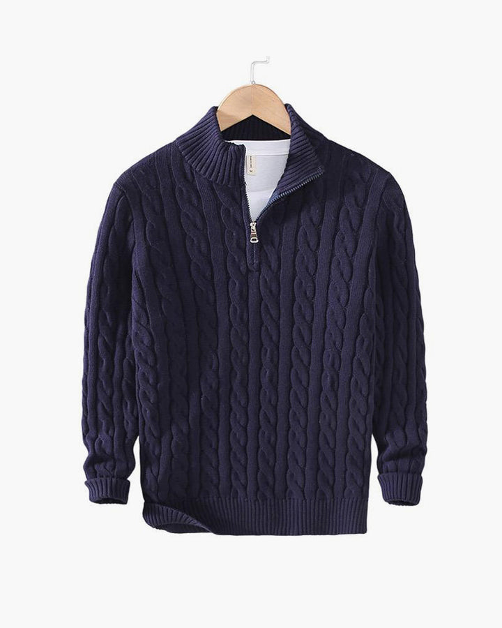 Men's cable knit quarter-zip sweaters in navy and gray