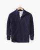 Men's cable knit quarter-zip sweaters in navy and gray