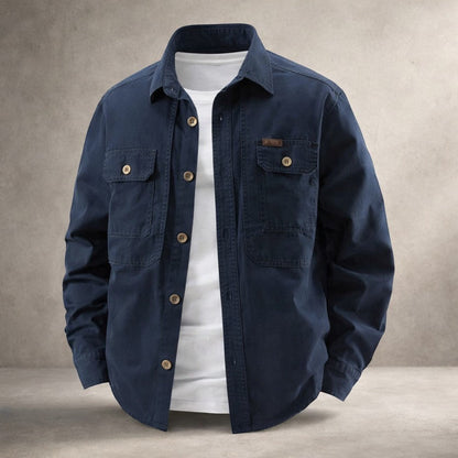 Men's long-sleeve utility overshirt jacket with pointed collar, button front and four pockets