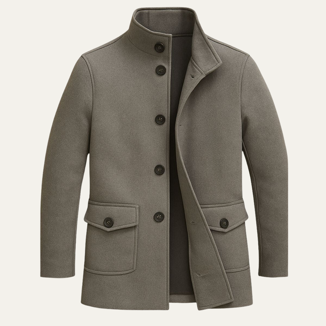 Men's tailored coat with stand collar and flap pockets
