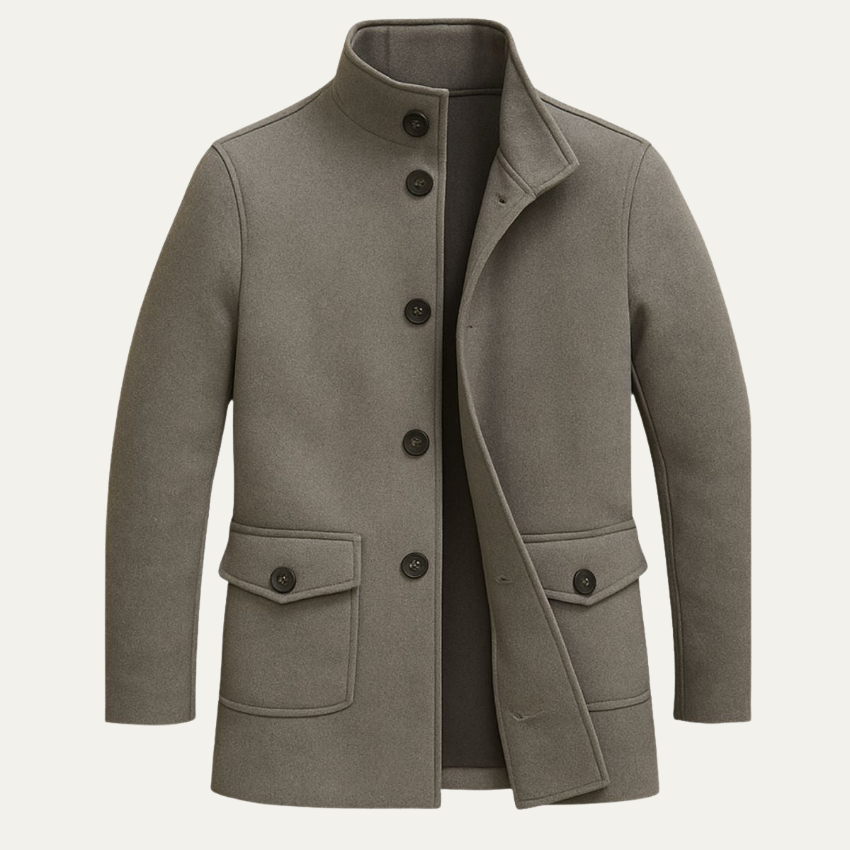 Men's tailored coat with stand collar and flap pockets