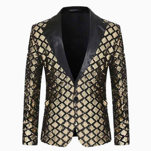 Men's geometric diamond sequin blazer with peaked lapels and long sleeves