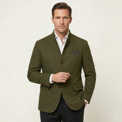 Men's herringbone single-breasted blazer jacket with stand collar and button fastening