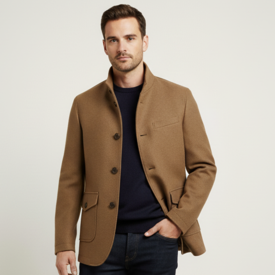 Men's tailored coat with stand collar and flap pockets