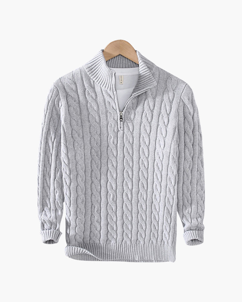 Cable-knit half-zip sweater with ribbed mock neck, cuffs and hem