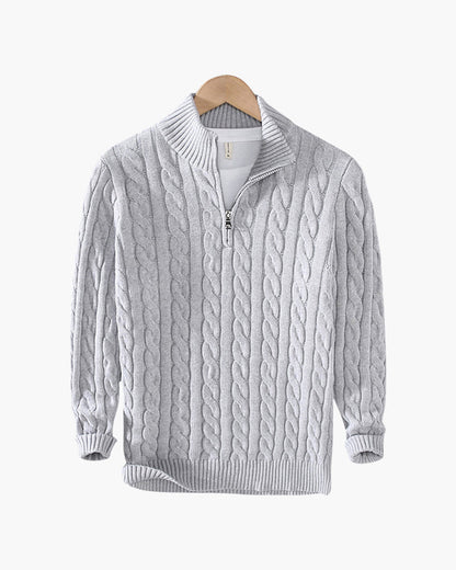 Cable-knit half-zip sweater with ribbed mock neck, cuffs and hem