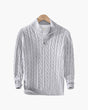 Cable-knit half-zip sweater with ribbed mock neck, cuffs and hem