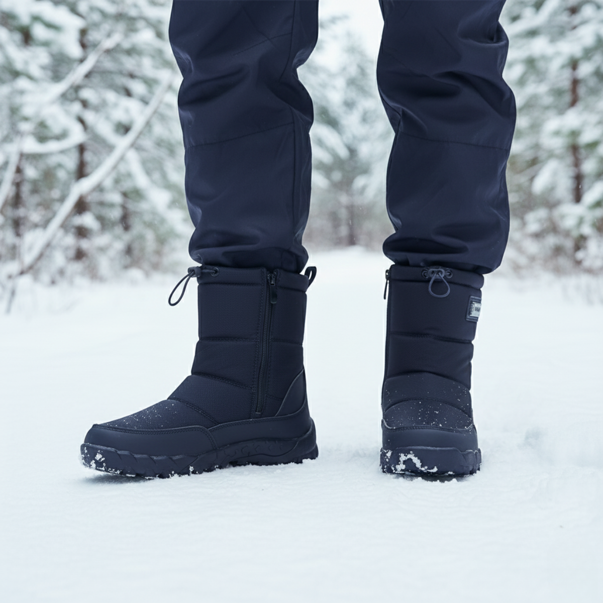 Men's padded winter snow boots with side zip, drawcord cuffs and deep tread soles