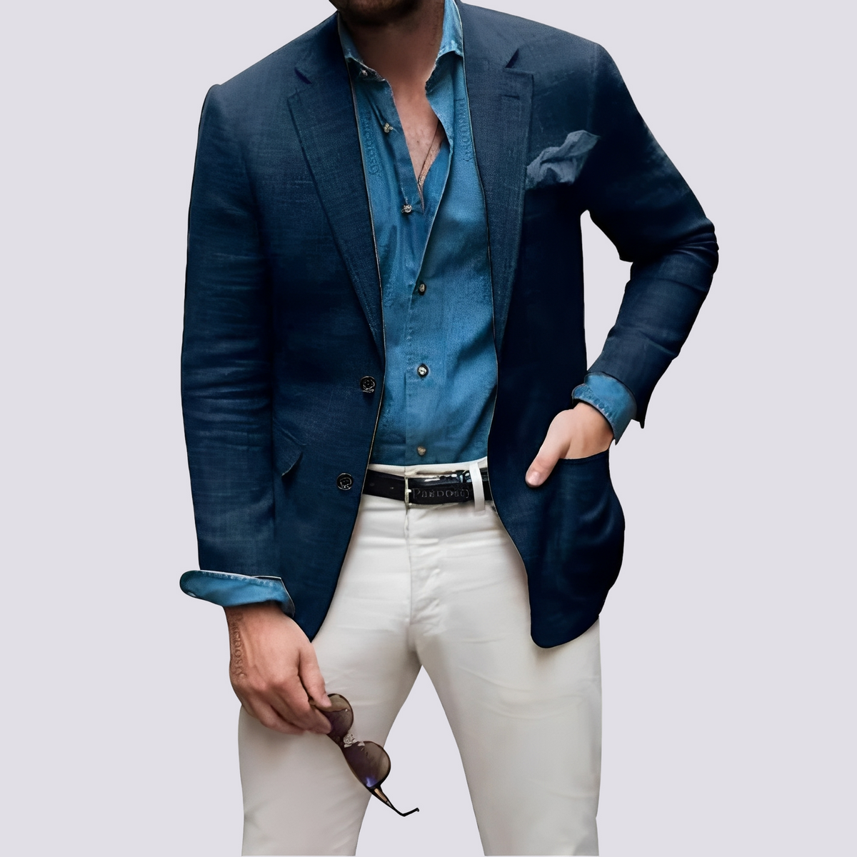 Men's button front blazer with notched lapels, long sleeves and flap pockets