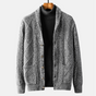 Cable knit cardigan with shawl collar, button front and patch pockets