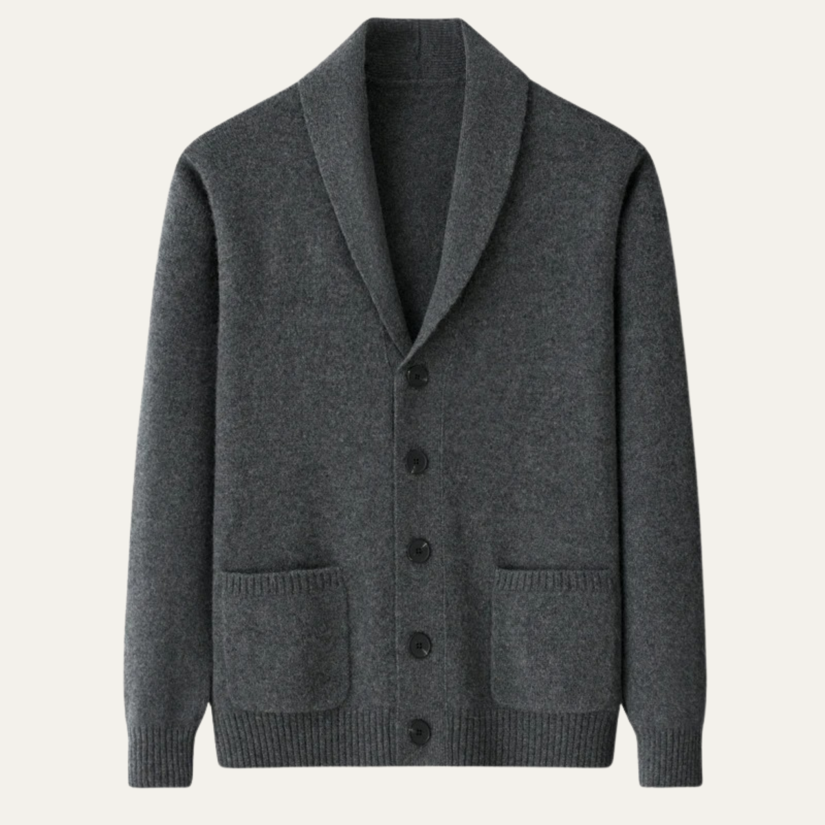 Men's shawl collar button cardigan with long sleeves, ribbed trims and front pockets