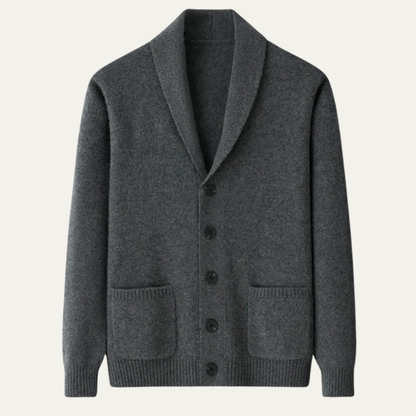 Men's shawl collar button cardigan with long sleeves, ribbed trims and front pockets