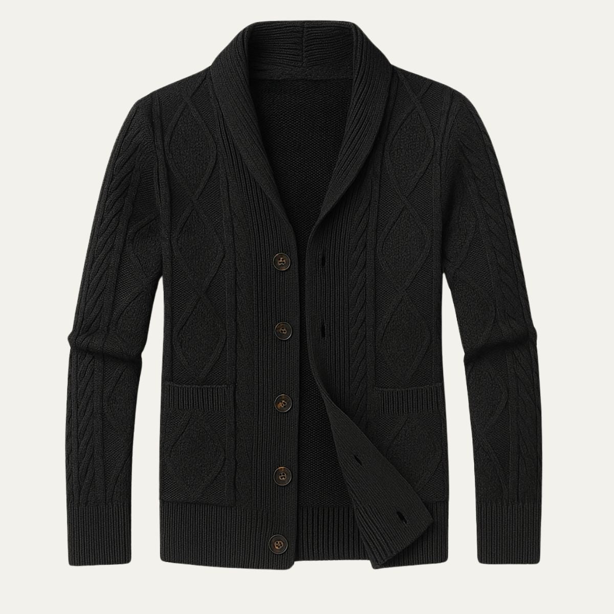 Men's textured shawl collar cardigan with button front and patch pockets