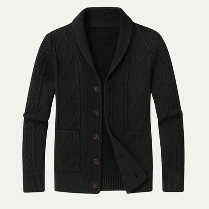 Men's textured shawl collar cardigan with button front and patch pockets