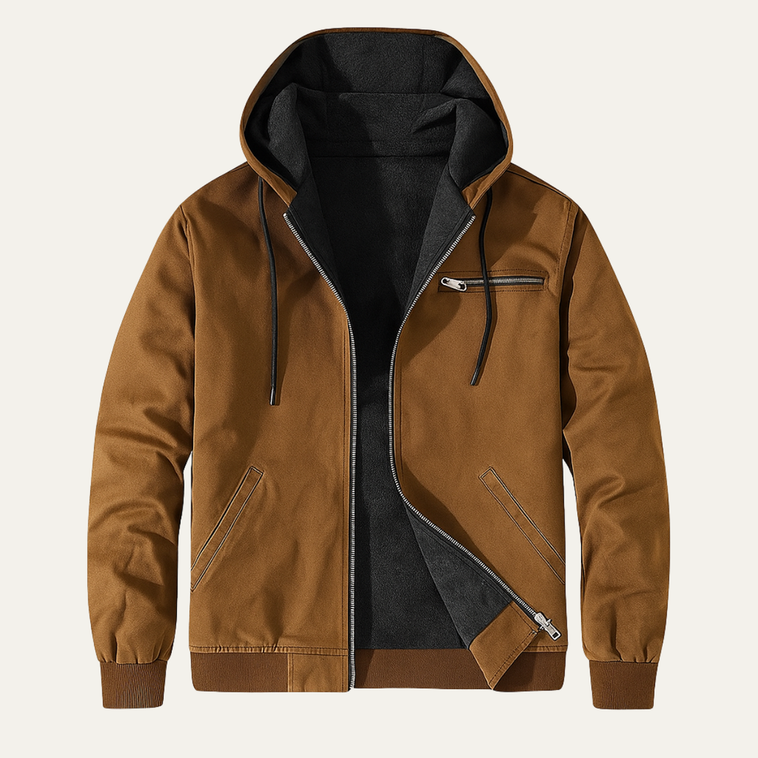 Men's hooded fleece-lined winter jacket with zip pockets