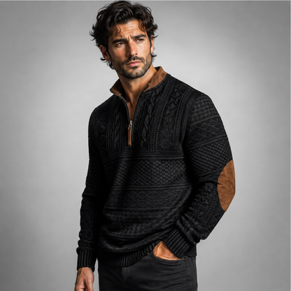 Men's textured half-zip sweater with mock neck and contrasting elbow patches