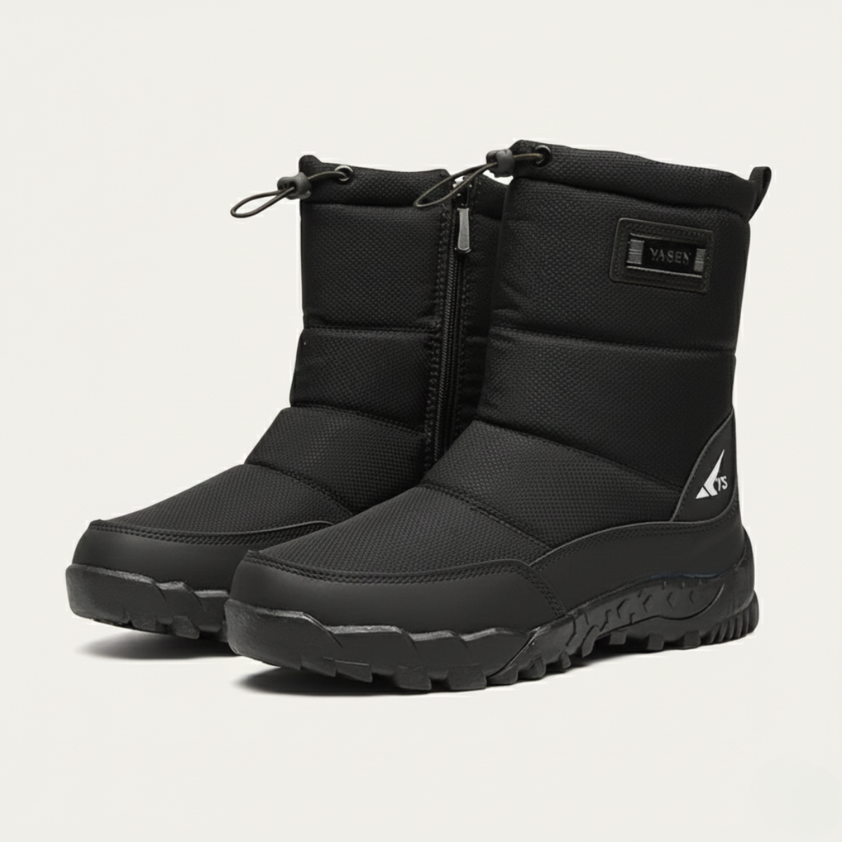 Men's padded winter snow boots with side zip, drawcord cuffs and deep tread soles