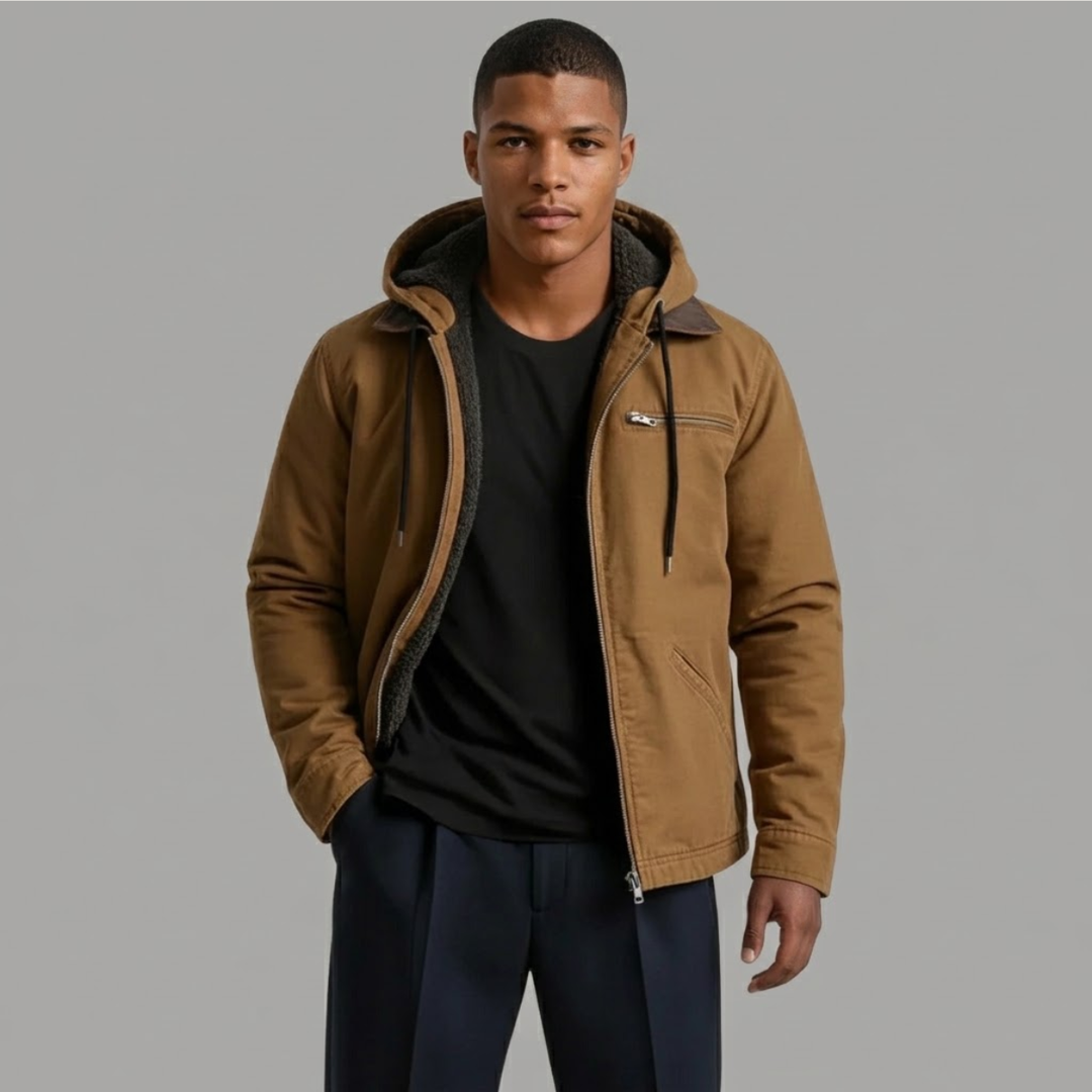 Men's hooded fleece-lined winter jacket with zip pockets