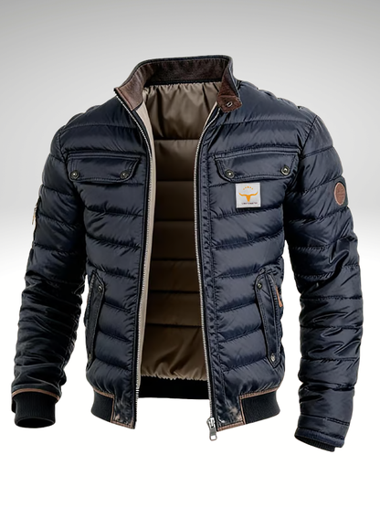 Men's navy quilted padded jacket with stand collar and zip pockets