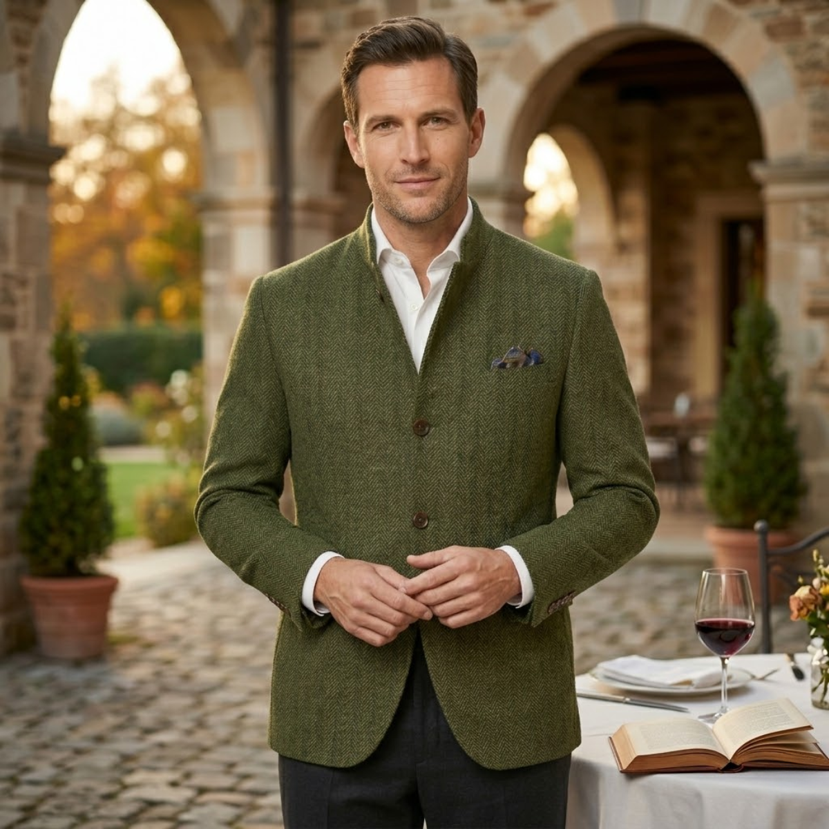 Men's herringbone single-breasted blazer jacket with stand collar and button fastening