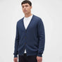 Men's V-neck button-front knit cardigan with long sleeves and ribbed trims