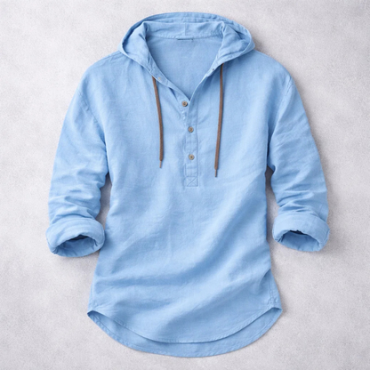 Long-sleeve hooded Henley shirt with button placket and curved hem