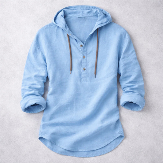 Long-sleeve hooded Henley shirt with button placket and curved hem