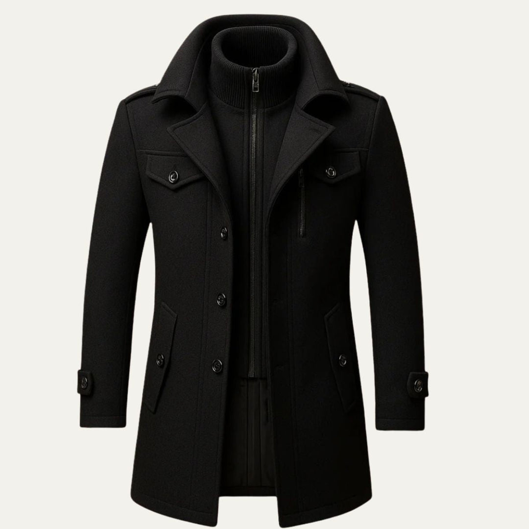 Men's long structured button coat with raised collar, chest pockets and cuff tabs