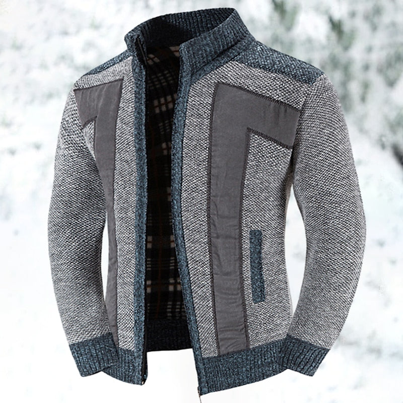 Men's textured zip jacket with stand collar, geometric panels and long sleeves