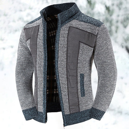 Men's textured zip jacket with stand collar, geometric panels and long sleeves