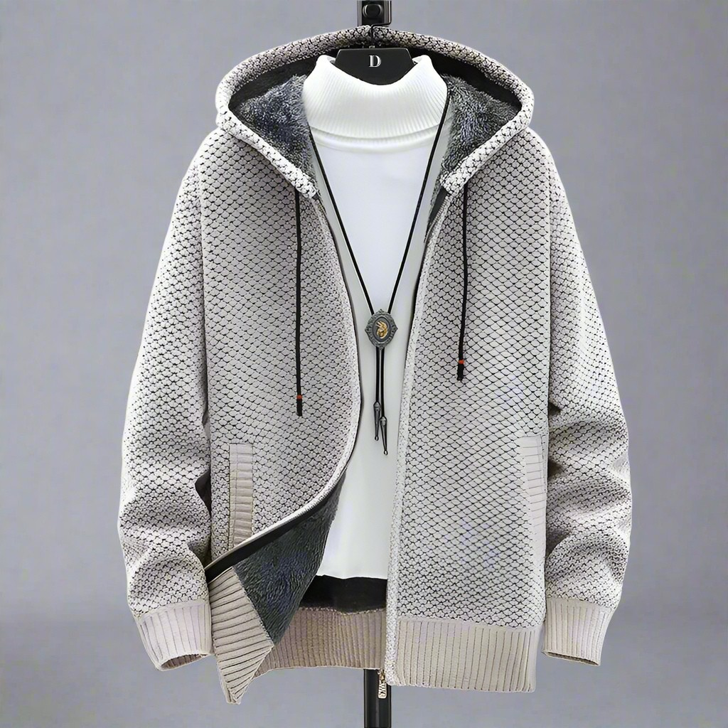 Textured knitted hooded jumper with zip front, drawstrings, long sleeves and front pockets