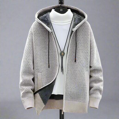 Textured knitted hooded jumper with zip front, drawstrings, long sleeves and front pockets