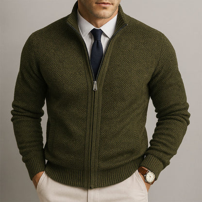 Men's zip-up mock neck cardigan with long sleeves, ribbed trims and front zip pockets