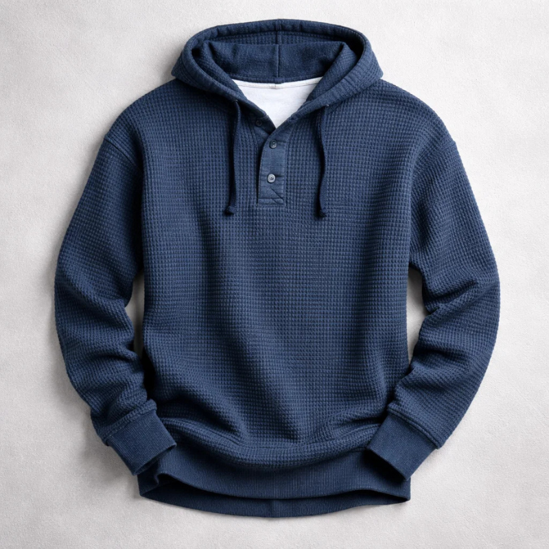 Waffle-knit henley hoodie with drawstring hood, button placket and long sleeves