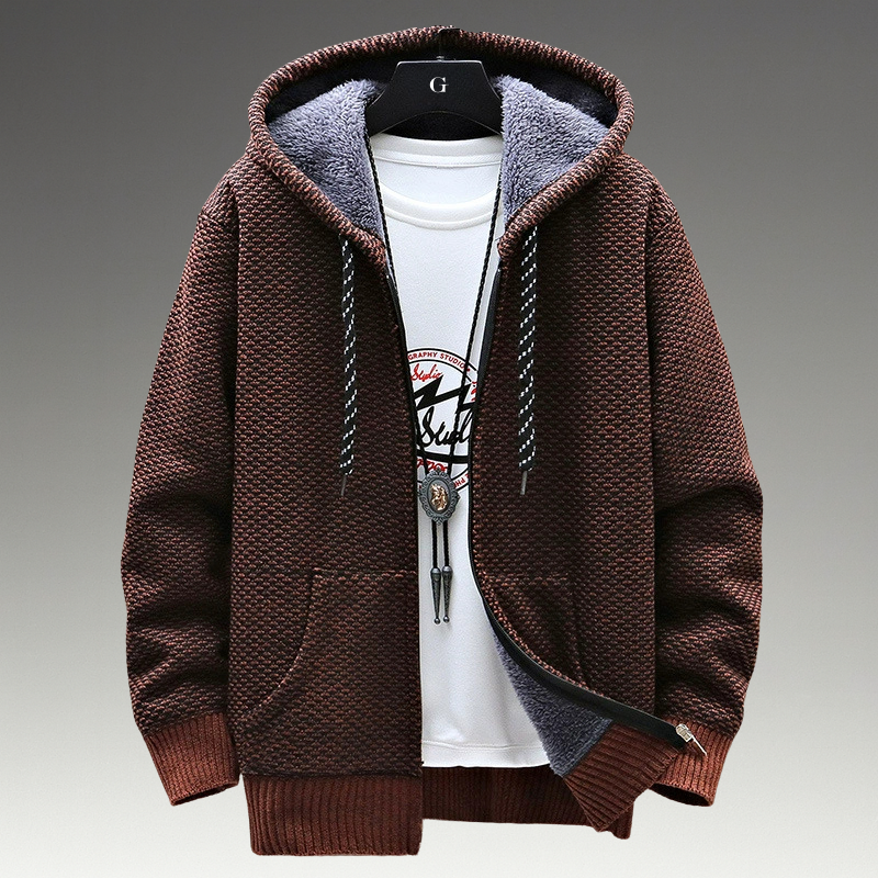 Textured knitted zip hoodie with drawstring hood, long sleeves and front pockets