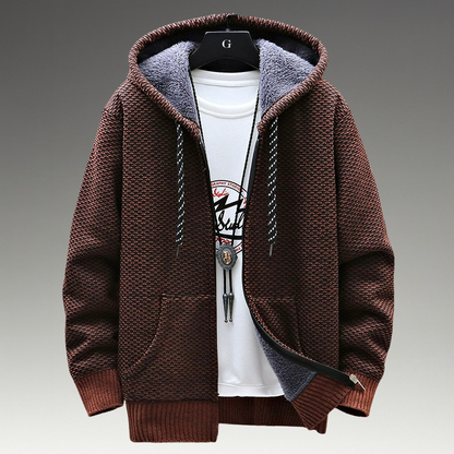 Textured knitted zip hoodie with drawstring hood, long sleeves and front pockets